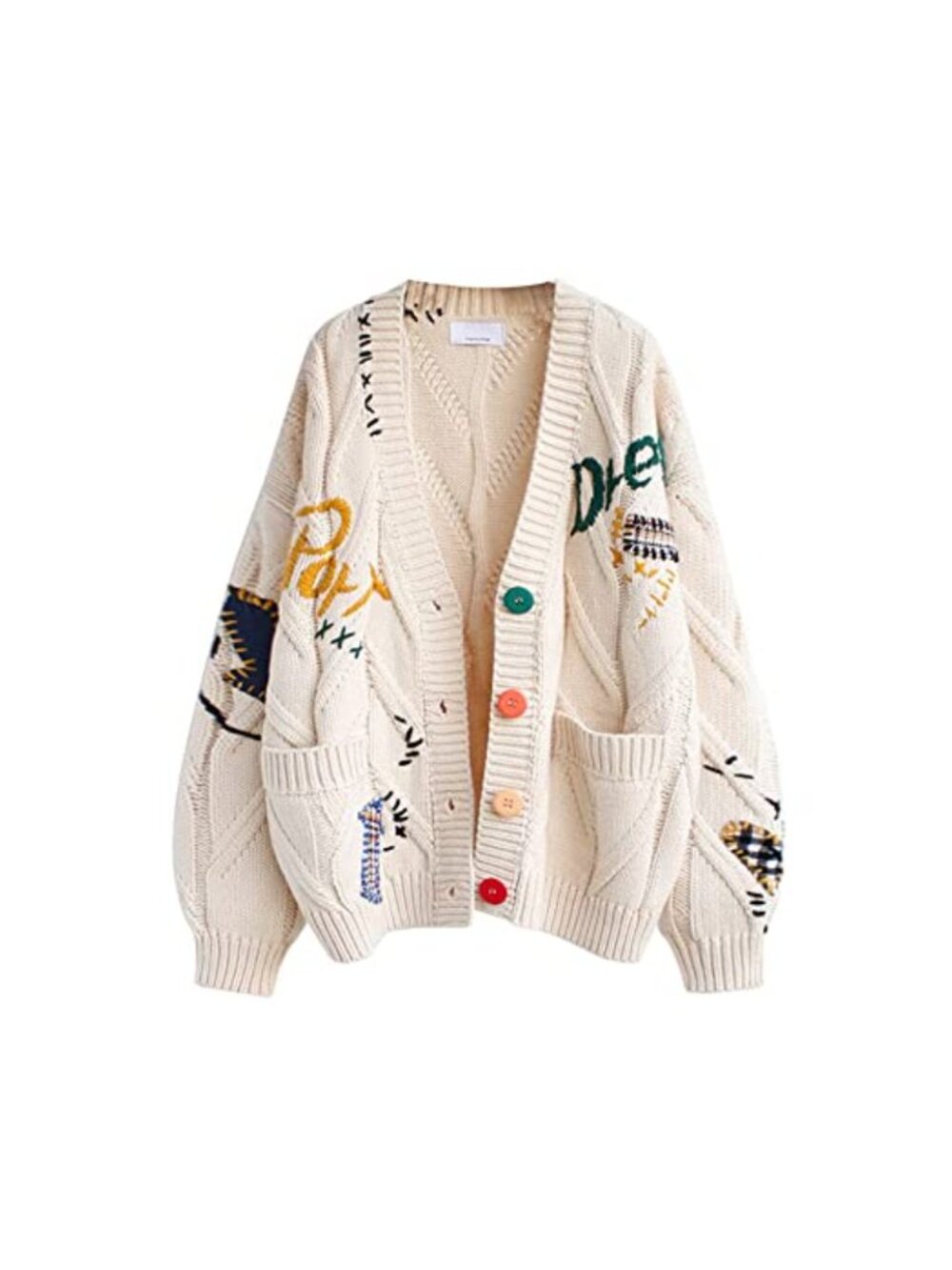 Cable Knit Cardigan Sweater Embroidered Button Open Front Long Sleeve